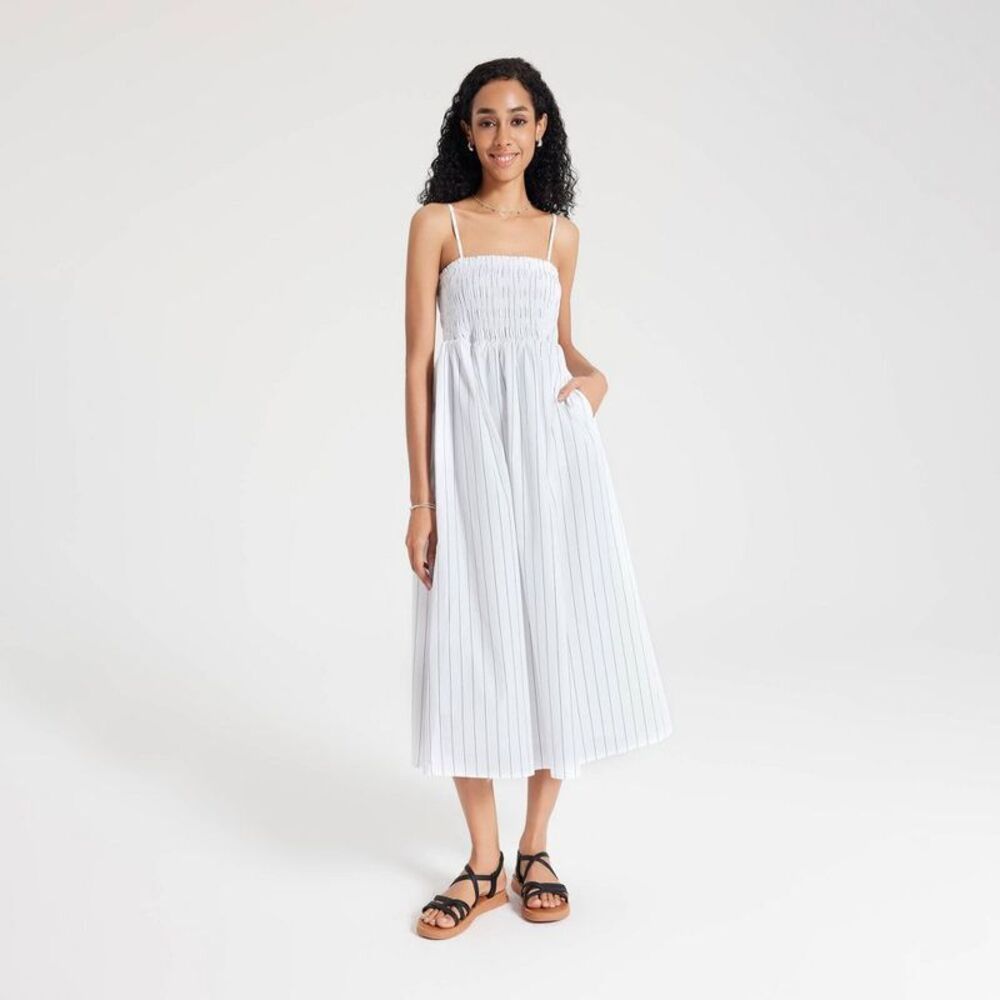 Women's Smocked Midi Slip Dress - A New Day Black/White Striped XS